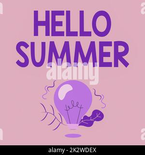 Text showing inspiration Hello Summer. Conceptual photo Welcoming the warmest season of the year comes after spring Illuminated Light Bulb Drawing Plants Shell Showing Technology Ideas. Stock Photo