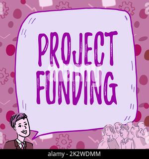 Hand writing sign Project Funding. Conceptual photo paying for start up in order make it bigger and successful Businessman With Large Speech Bubble Talking To Crowd Presenting New Ideas Stock Photo