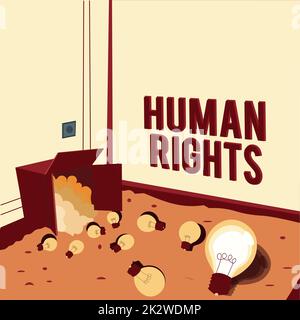Text caption presenting Human Rights. Business approach Moral Principles Standards Norms of a showing protected by Law Light bulbs spilled out box symbolizing innovative thinking. Stock Photo