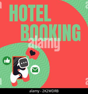 Writing displaying text Hotel Booking. Conceptual photo Online Reservations Presidential Suite De Luxe Hospitality Hand Holding Mobile Phone Pressing Application Button Showing Technology. Stock Photo