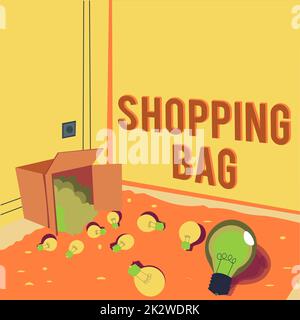 Writing displaying text Shopping Bag. Word Written on Containers for carrying personal possessions or purchases Light bulbs spilled out box symbolizing innovative thinking. Stock Photo