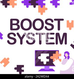 Text showing inspiration Boost System. Word for Rejuvenate Upgrade Strengthen Be Healthier Holistic approach Lady Holding Puzzle Piece Representing Innovative Problem Solving Ideas. Stock Photo