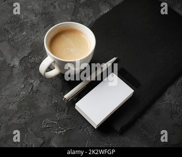 Blank business card, coffee cup, pen and usb flash drive. Stock Photo