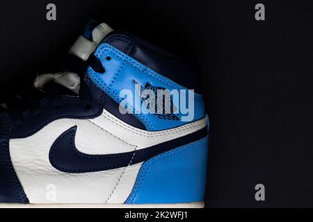 The close-up view of a Nike Air Jordan 1 Off White UNC over the