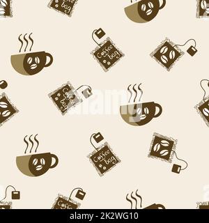 Coffee bag and cups vector seamless pattern background. Creamy brown backdrop with disposable freshly brewed sachets of lattes, americanos. Grunge Stock Vector