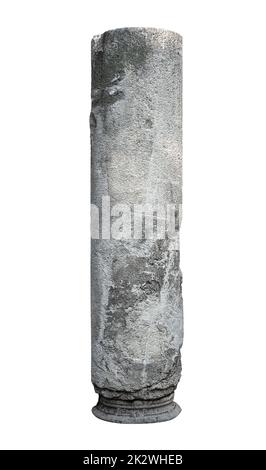 front view closeup of large vertical square fragment of antique classical architectural stone column with weathered texture isolated on white backgrou Stock Photo