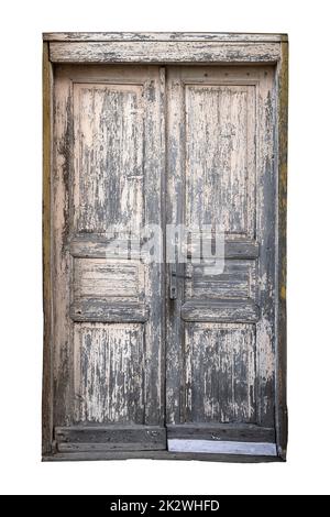 front view closeup of vintage door with frame and weathered wood texture isolated on white background Stock Photo