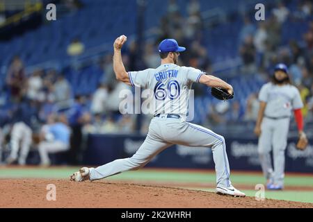St. Petersburg, FL. USA;  Toronto Blue Jays starting pitcher Foster Griffin (60) delivers a pitch during a major league baseball game against the Tamp Stock Photo