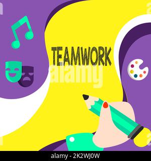 Handwriting text Teamwork. Internet Concept Group of showing who work together as one and with the same aim Hand Using Pencil Strategizing Newest Innovative Creative Goal Plans. Stock Photo