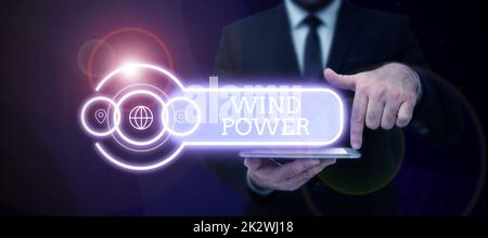 Sign displaying Wind Power. Word for use of air flowto provide mechanical power to turn generators -47806 Stock Photo