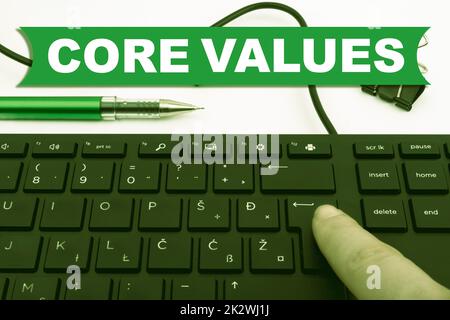 Inspiration showing sign Core Values. Business concept belief person or organization views as being importance Computer Keyboard And Symbol.Information Medium For Communication. Stock Photo