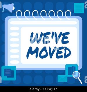 Sign displaying We Ve Moved. Business concept going to live from place another same or different country Blank Open Spiral Notebook With A Calculator And A Pen On Table. Stock Photo