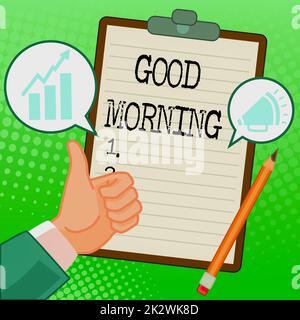 Writing displaying text Good Morning. Conceptual photo A conventional expression at meeting or parting in the morning Hands Thumbs Up Showing New Ideas. Palms Carrying Note Presenting Plans Stock Photo