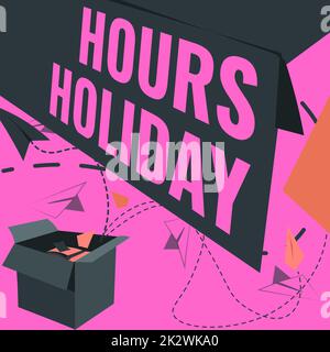 Text caption presenting Holiday Hours. Business concept Schedule 24 or7 Half Day Today Last Minute Late Closing Open Box With Flying Paper Planes Presenting New Free Ideas Stock Photo
