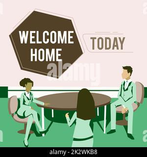 Text caption presenting Welcome Home. Word Written on Expression Greetings New Owners Domicile Doormat Entry Colleagues having meeting presenting project ideas achieving teamwork. Stock Photo