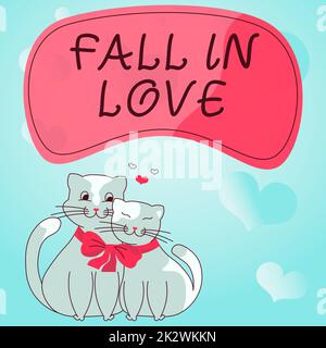 Sign displaying FALL IN LOVE. Business concept Charmed or captivated with someone Valentines Day Cats tied together with bow represent passionate couple with love goals. Stock Photo