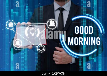 Writing displaying text Good Morning. Word Written on A conventional expression at meeting or parting in the morning Businessman in suit holding notepad representing innovative thinking. Stock Photo