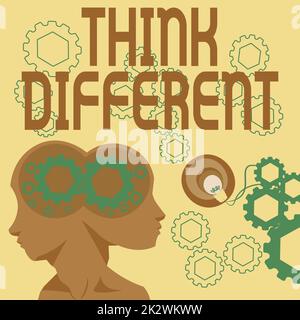 Sign displaying Think Different. Business overview be unique with your thoughts or attitude Wind of change Two Heads With Cogs Showing Technology Ideas. Stock Photo