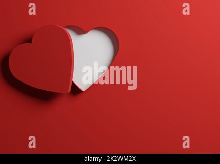 Open red heart shaped gift box or package on a red background Stock Photo