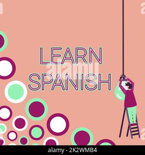 Conceptual display Learn Spanish. Internet Concept Translation Language in Spain Vocabulary Dialect Speech Businessman Standing Ladder Fixing Light Bulb Generating New Futuristic Ideas. Stock Photo