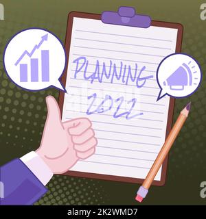 Hand writing sign Planning 2022. Internet Concept Begin with end in the Mind Positioning Long term Objectives Hands Thumbs Up Showing New Ideas. Palms Carrying Note Presenting Plans Stock Photo