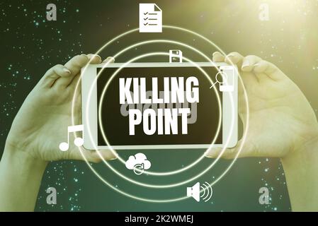 Text showing inspiration Killing Point. Word for Phase End Review Stage Gate Project Evaluation No Go Hands holding tablet presenting innovative ideas symbolizing technology. Stock Photo