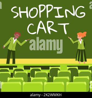 Conceptual display Shopping Cart. Business overview Case Trolley Carrying Groceries and Merchandise Male and female colleagues doing presentation on stage with hand gestures. Stock Photo
