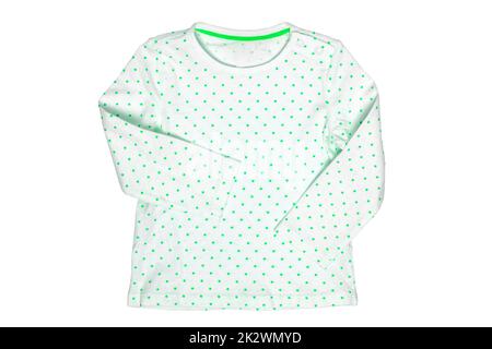 Shirt for child. Close-up of a white t-shirt with green polka dots isolated on white background. Spring and Summer fashion for kids. Clipping path. Stock Photo