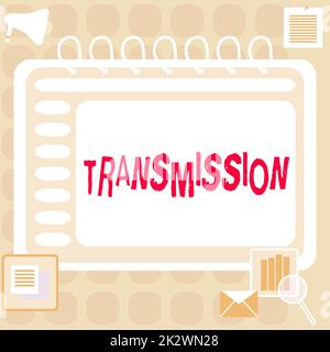 Text sign showing Transmission. Concept meaning Automobile engine part High voltage power electrical wires Blank Open Spiral Notebook With A Calculator And A Pen On Table. Stock Photo