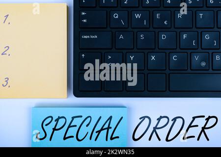 Text sign showing Special Order. Concept meaning Specific Item Requested a Routine Memo by Military Headquarters Computer Keyboard And Symbol.Information Medium For Communication. Stock Photo