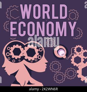 Text showing inspiration World Economy. Concept meaning Global Worldwide International markets trade money exchange Two Heads With Cogs Showing Technology Ideas. Stock Photo