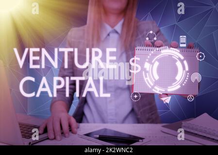 Conceptual display Venture Capital. Business concept financing provided by firms to small early stage ones Lady in suit holding notepad representing innovative thinking. Stock Photo