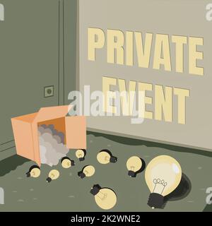 Text caption presenting Private Event. Business showcase Exclusive Reservations RSVP Invitational Seated Light bulbs spilled out box symbolizing innovative thinking. Stock Photo
