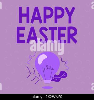 Hand writing sign Happy Easter. Business concept Christian feast commemorating the resurrection of Jesus Illuminated Light Bulb Drawing Plants Shell Showing Technology Ideas. Stock Photo