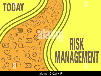 Inspiration showing sign Risk Management. Concept meaning evaluation of financial hazards or problems with procedures Icons symbolizing online communication colleagues achieving teamwork. Stock Photo