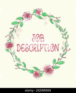 Text showing inspiration Job Description. Business idea A document that describes the responsibilities of a position Blank Frame Decorated With Abstract Modernized Forms Flowers And Foliage. Stock Photo