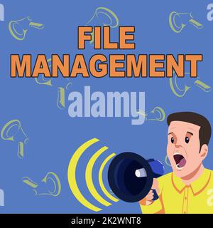 Text caption presenting File Management. Business approach computer program that provides user interface to manage data Businessman Talking Through Megaphone Making Wonderful New Announcement Stock Photo