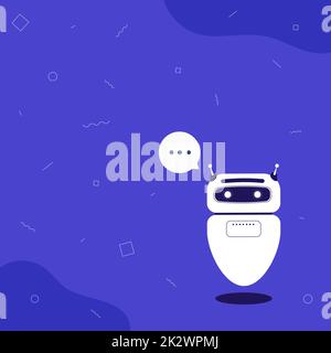Illustration Of Cute Floating Robot Telling Us New Wonderful Information In A Chat Cloud. Adorable Flying Mechanical Person Drawing Saying Old Amazing Advice . Stock Photo