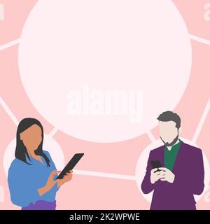 Illustration Of Partners Busy Using Smartphones Searching For New Wonderful Ideas. Couple Actively Working On Digital Telephone Drawing Finding Old Amazing Plans. Stock Photo