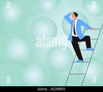 Gentleman In Suit Standing Ladder Searching Latest Plan Ideas Successfully Accomplishing Goals. Man Climbing Stairs Exploring Future Innovative Strategies. Stock Photo