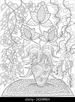 Flower Vase On Table With Roses And Assorted Flowers With Background Wall Paper Flowers Line Drawing Coloring Book Stock Photo