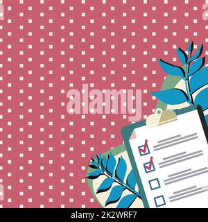 Clipboard Drawing With Checklist Marked Done Items On List. Board With Accomplished Detailed Agenta Items Results Decided With Pencil Drawing. Stock Photo
