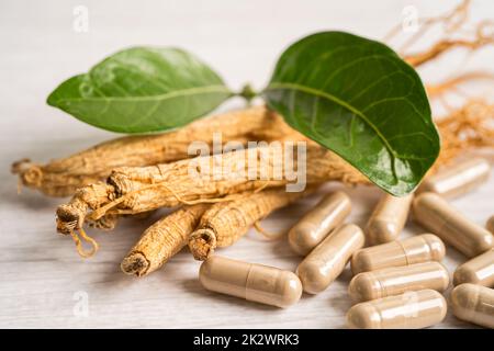 Ginseng, dried vegetable herb. Healthy food famous export food in Korea country. Stock Photo