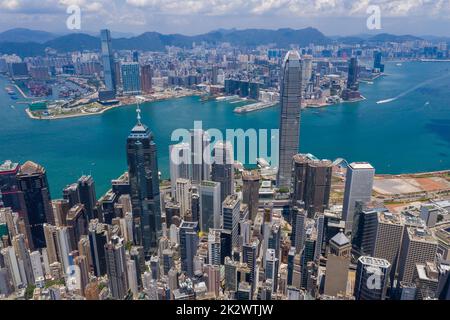 Victoria Peak, Hong kong 25 August 2020: Aerial view of Hong Kong city Stock Photo