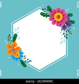 Blank Frame Decorated With Colorful Flowers And Foliage Arranged Harmoniously. Empty Poster Border Surrounded By Multicolored Bouquet Organized Pleasantly. Stock Photo