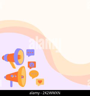 Pair Of Megaphone Drawing Giving Positive Comments And Reaction Making New Announcement. Bull Horns Drawing With Wonderful Remarks Producing Late Promotion. Stock Photo