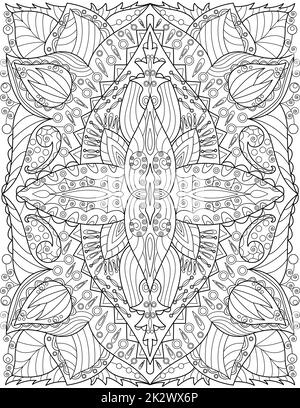 A Beautiful Large Flower Pattern Drawing Growing Slow Surrounded By Delightfully Leaves. Pretty Flowering Plant Line Drawing Ringe Gradually With Big Magnificently Petals. Stock Photo