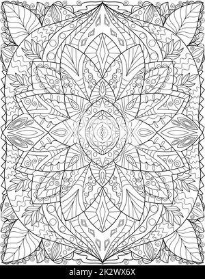 A Beautiful Large Flower Pattern Drawing Growing Slow Surrounded By Delightfully Leaves. Pretty Flowering Plant Line Drawing Ringe Gradually With Big Magnificently Petals. Stock Photo