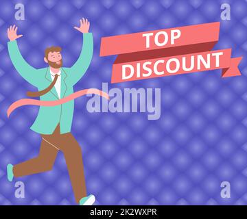 Sign displaying Top Discount. Word Written on Best Price Guaranteed Hot Items Crazy Sale Promotions Gentleman In Suit Running Towards Finish Line Celebrating Success Stock Photo