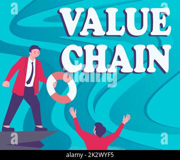 Text sign showing Value Chain. Word for Business manufacturing process Industry development analysis Gentleman In Suit Helping Colleague Representing Successful Teamwork. Stock Photo